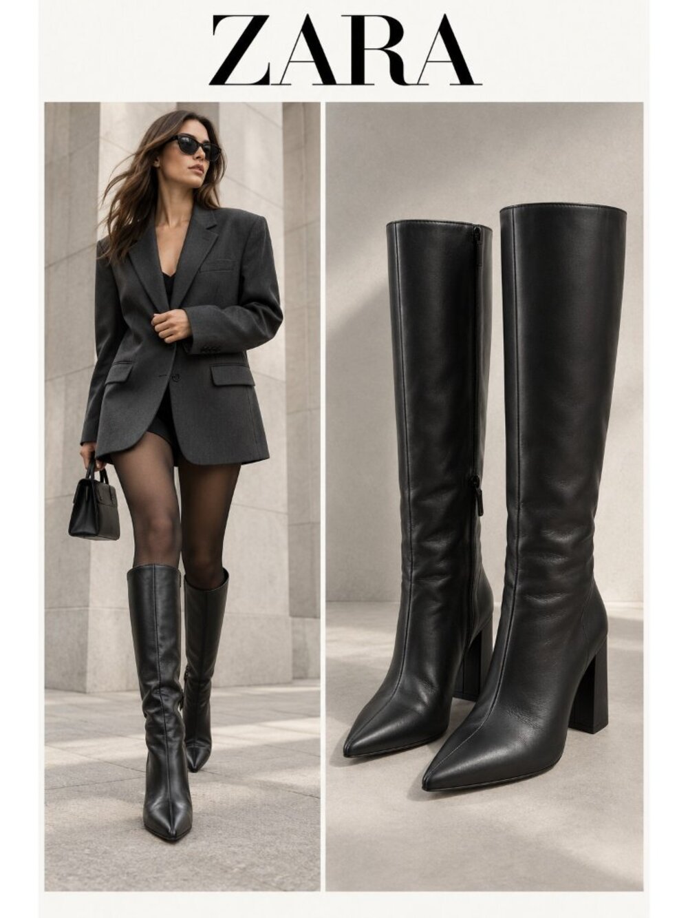Zara Black Leather Pointed Toe Knee High Block Heel Boots EU 39 US 8.5
